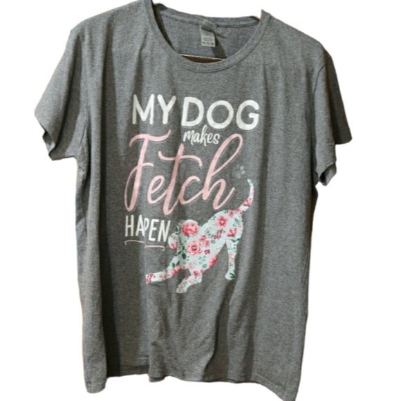 GILDAN Gray My Dog Makes Fetch Happen Floral Funny Y2k Mean Girls Joke Shirt 2X - Picture 1 of 9